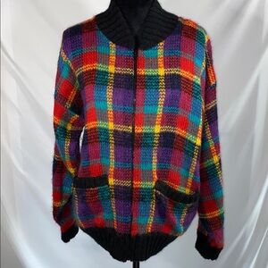 Vintage Lindsey Blake Tartan Plaid Colorful Womens Zip Sweater Medium